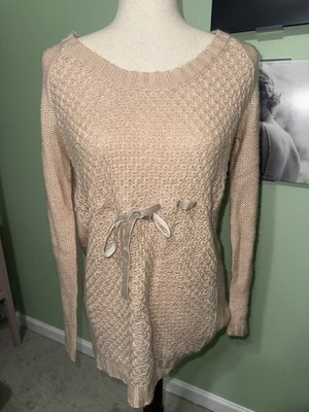 NWT Oh Baby by Motherhood Women M Beige Knit Sweater Drawstring Bow Maternity